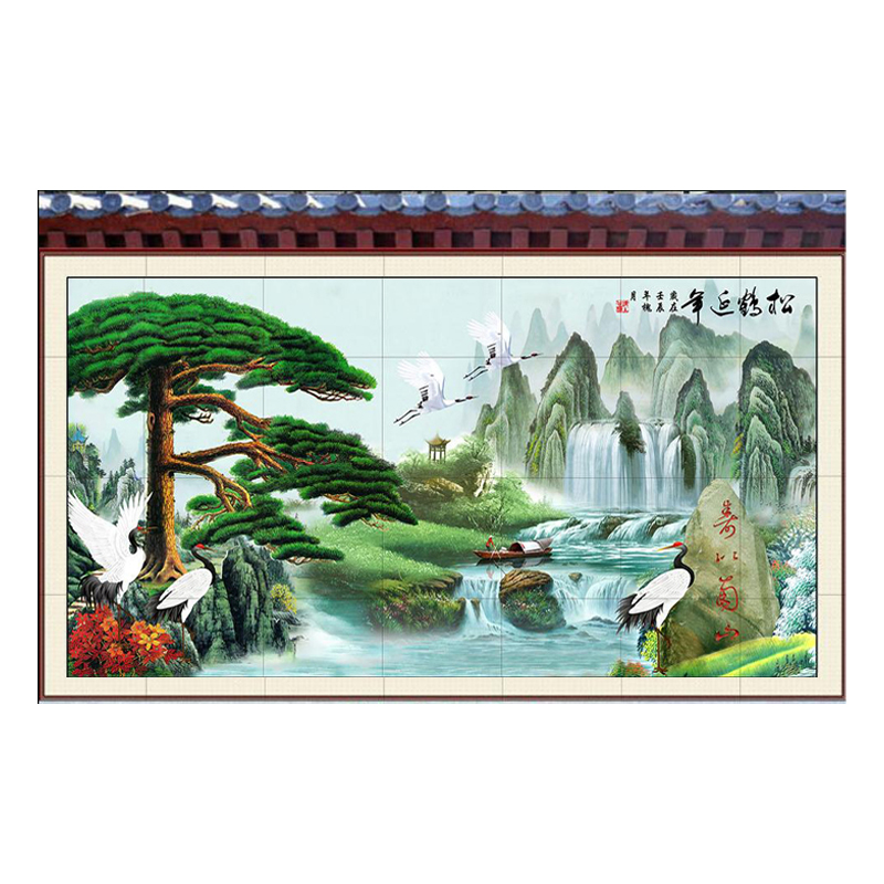 户外瓷砖松鹤延年迎客松山水风景画影视墙迎门墙瓷砖背景墙室内外