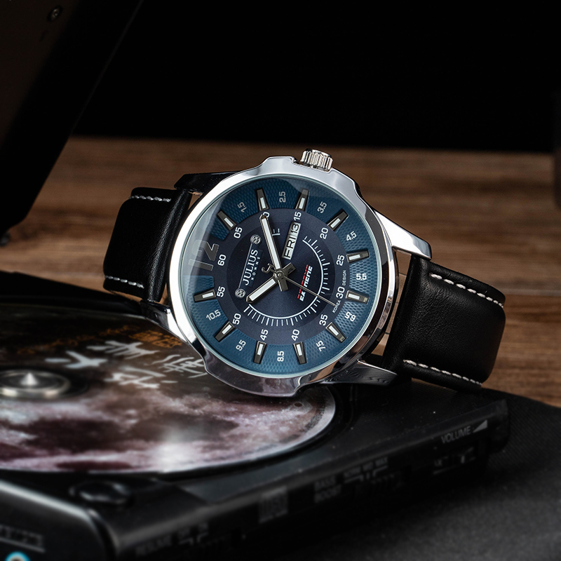 韩国JULIUS手表男大表盘夜光指针日历星期皮质商务男士防水石英表