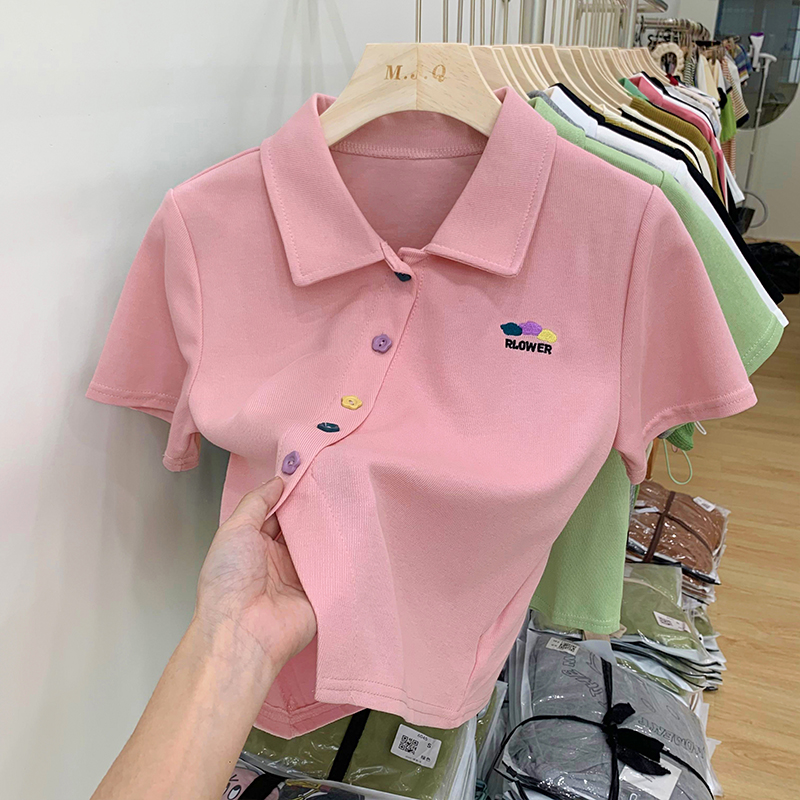 甜辣妹短款polo衫短袖t恤女夏不规则设计感小众别致翻领粉色上衣
