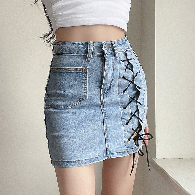 amyway复古百搭高腰显瘦牛仔字裙绑带设计弹力半身裙