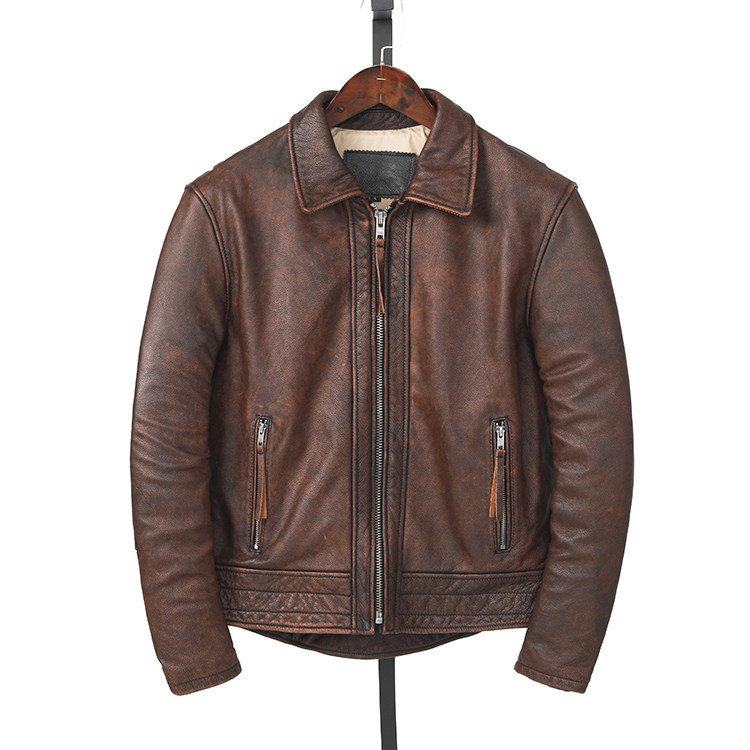 复古真皮皮衣男头层牛皮红棕做旧机车潮流春秋皮衣