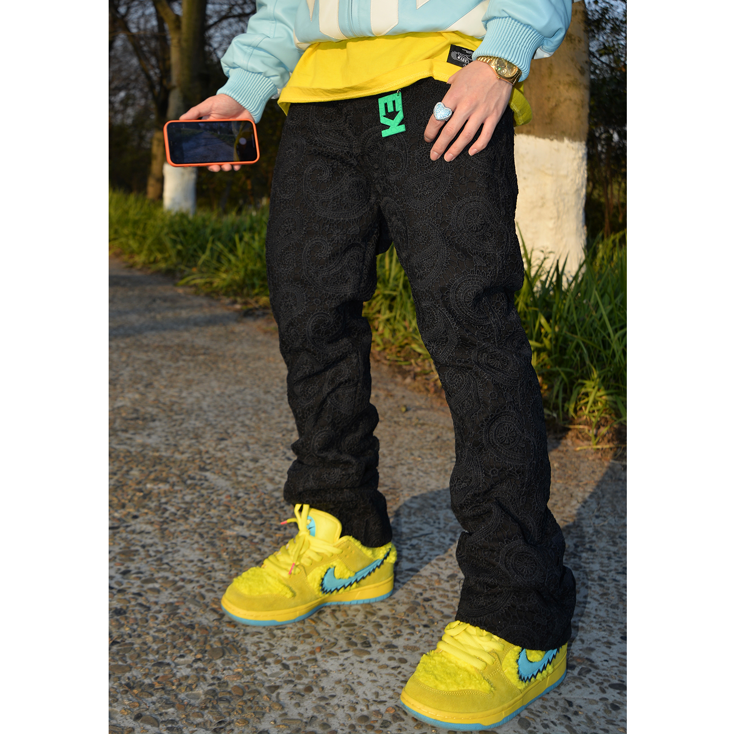 EVILKNIGHT(EK)  520限量全黑色蕾丝全手工制作休闲直筒微喇长裤