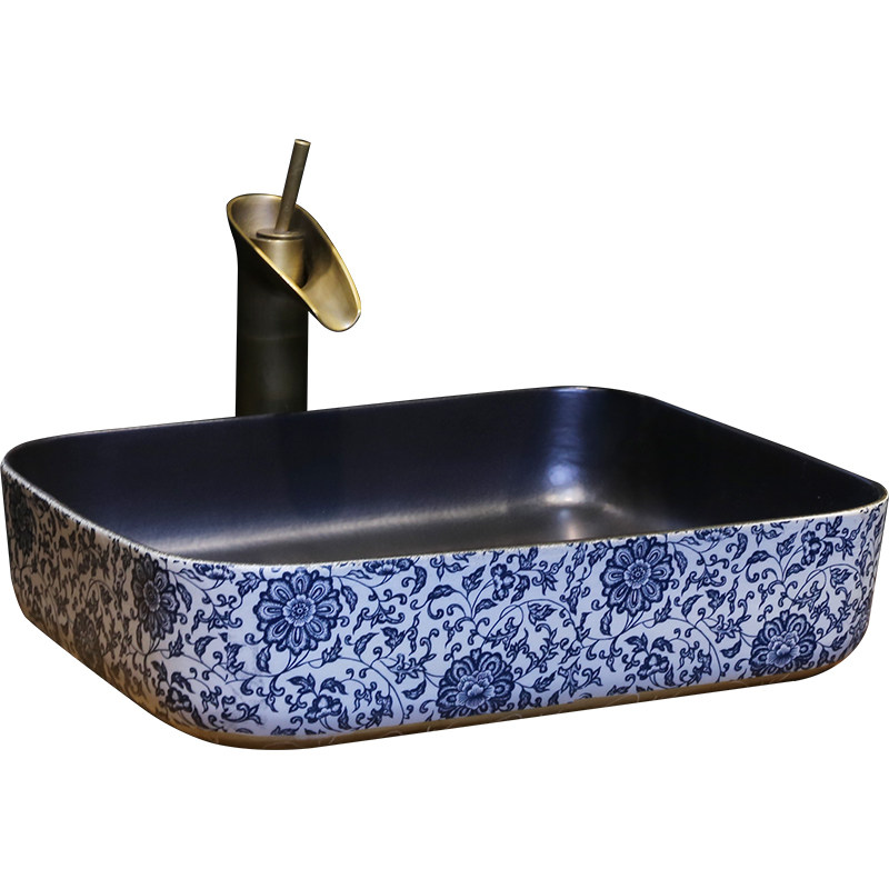 景焱青花瓷艺术台上长方形陶瓷洗脸盆卫生间中式洗手盆台上盆