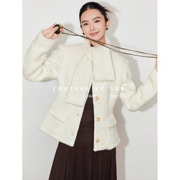 SUK Fashionable and elegant! Retro modern mohair short waisted gold buckle large scarf woolen coat