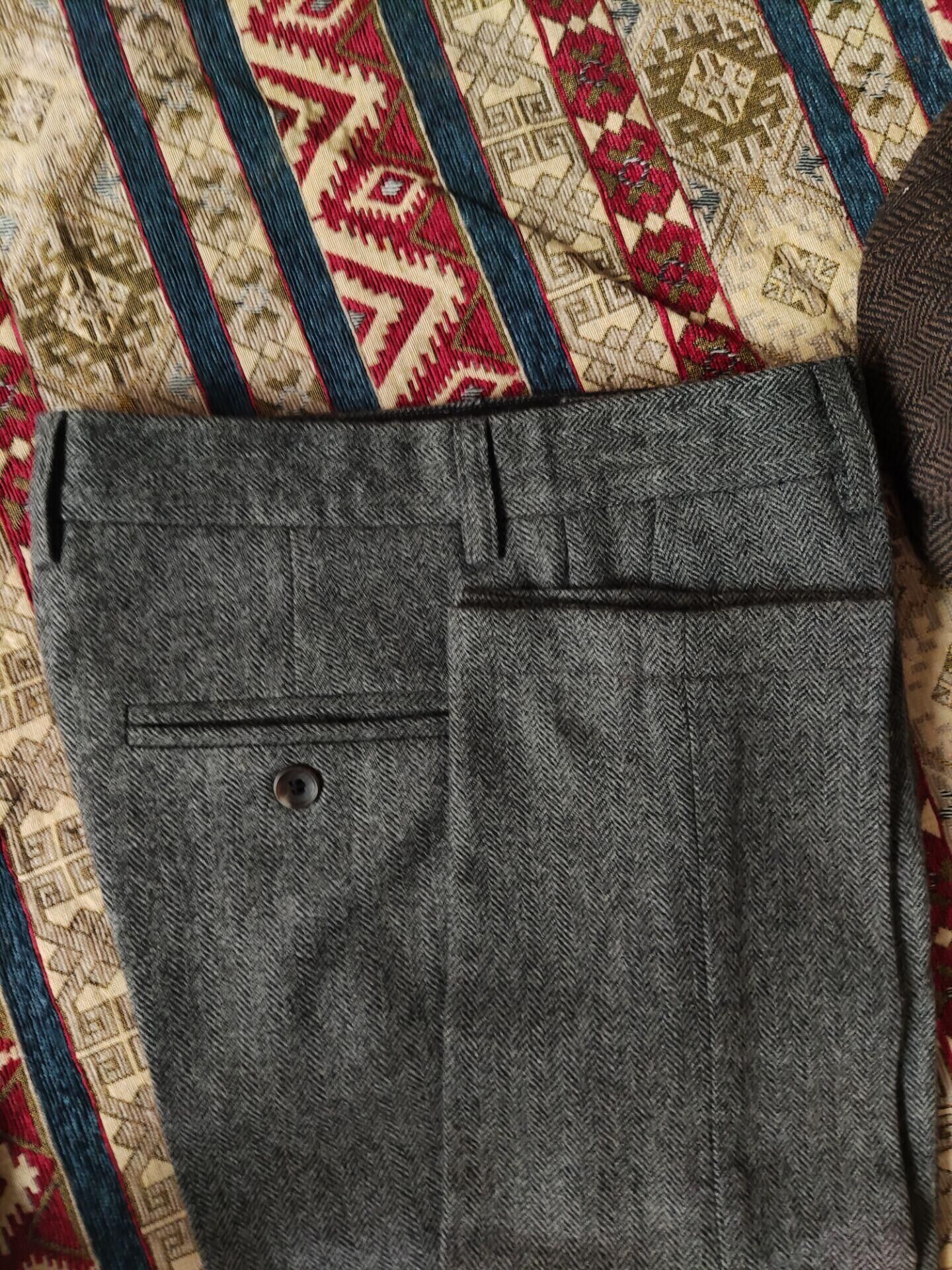 谢尔比同款男英式复古羊毛粗花呢西裤Tweed欧美黑色休闲直筒长裤