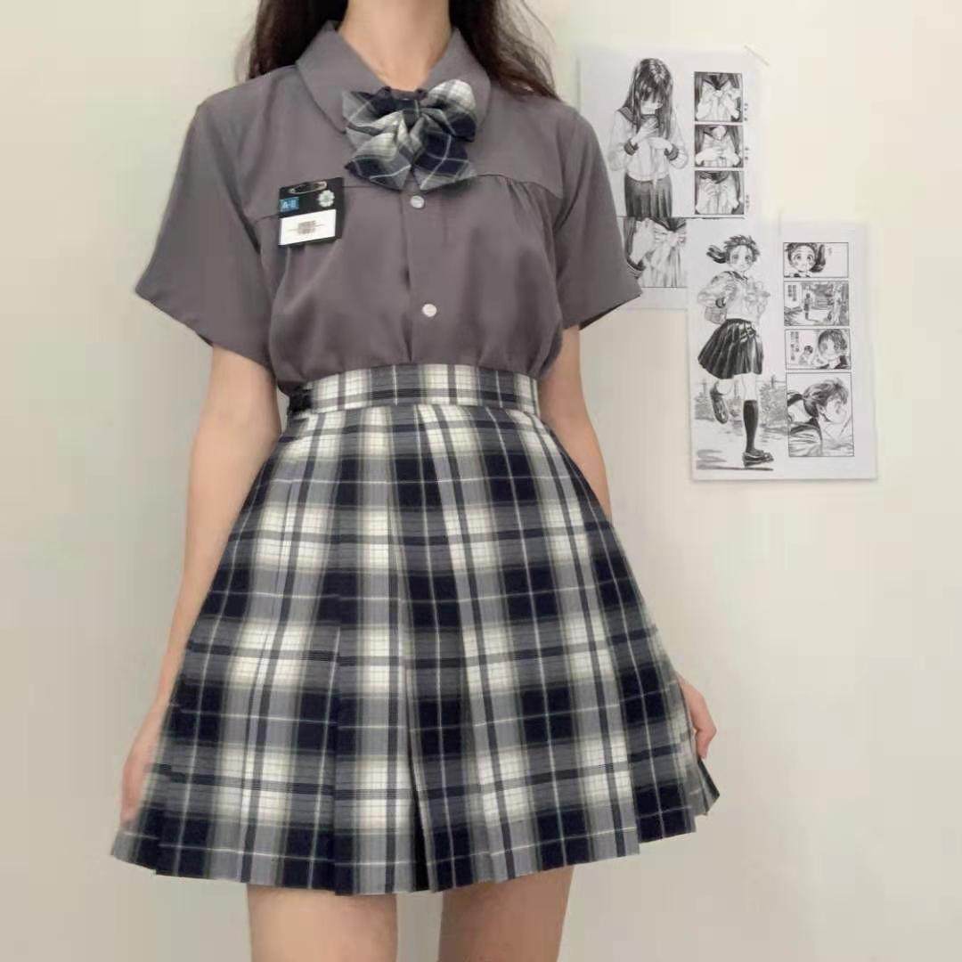 前箱褶jk原创制服送领结 学生装优等生黑白格 百搭短裙百褶裙现货