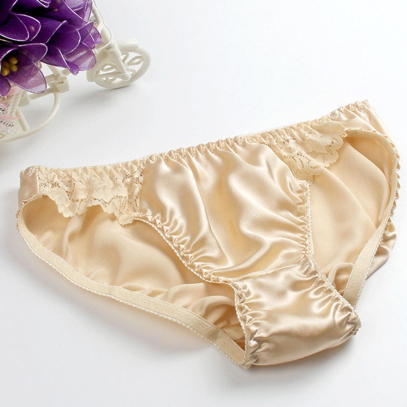 满2件包邮 100%桑蚕丝真丝内裤女丝绸三角裤透气排汗 蕾丝边