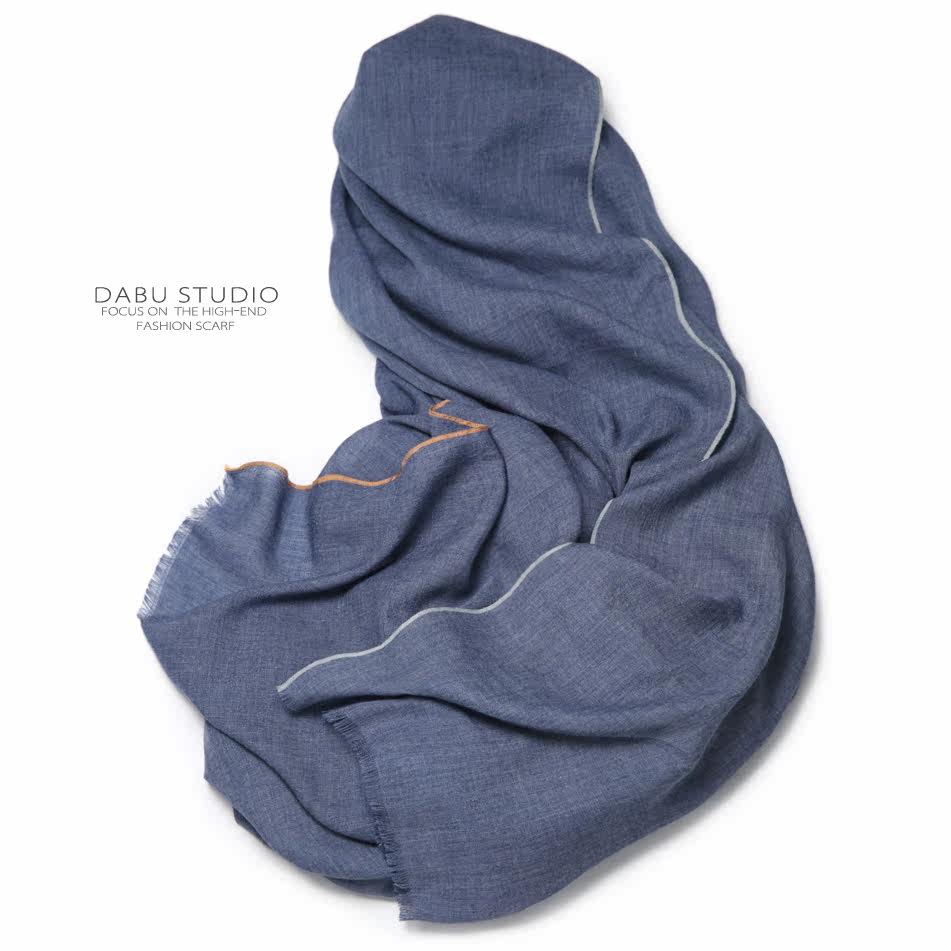 原创简约经典戴不腻文艺牛仔蓝彩边撞色纯色围巾围巾