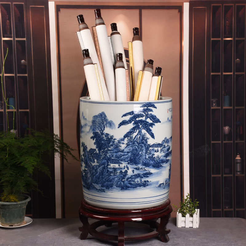 景德镇陶瓷器青花瓷超大书画缸卷轴缸伞缸字画筒书画筒缠枝莲