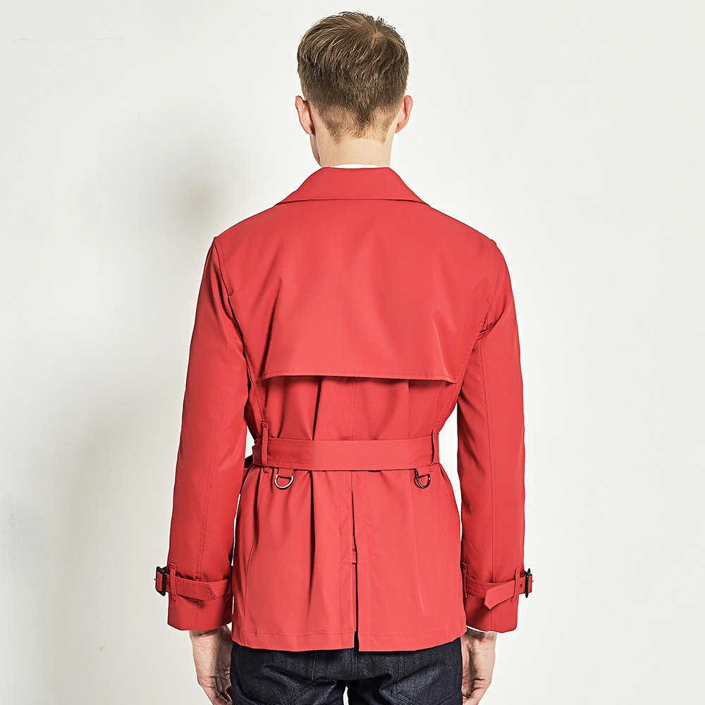 风衣优杰短款男双双排束腰大红红色男士青年风衣