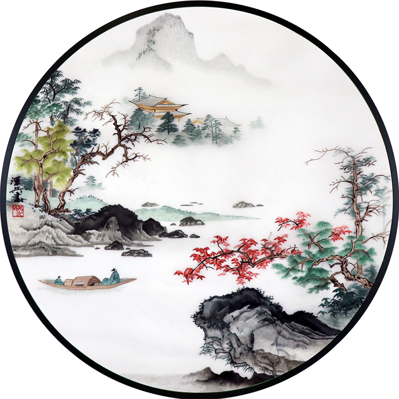 苏绣现代手工圆形真丝山水画装饰画玄关成品中式苏绣