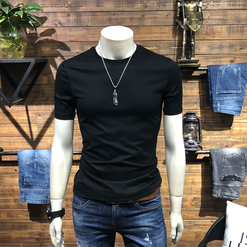 2022新款短袖t恤男士夏季黑色修身半袖潮流圆领高端体恤纯色百搭