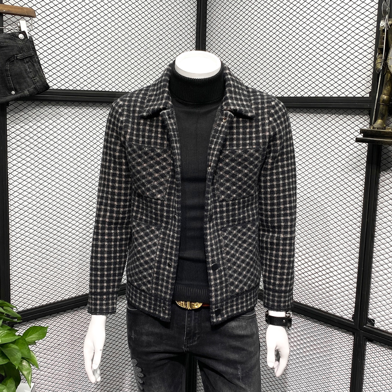 貂绒外套男潮牌2022秋冬季新款潮流帅气翻领格子上衣休闲羊毛夹克