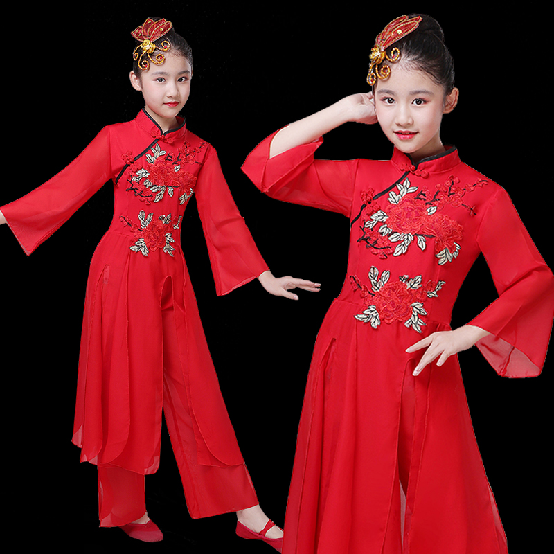 新款红色儿童古典演出服中国国风飘逸凉凉舞蹈儿童演出服
