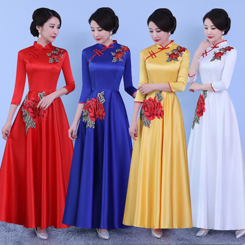 2019新款礼仪旗袍修身长款宴会礼服中老年大合唱团舞台走秀演出服