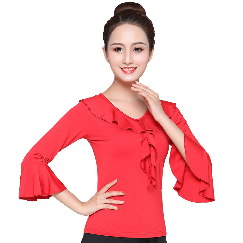 夏季广场舞服装新款中袖上衣成人女喇叭袖舞蹈衣服健身跳舞表演服