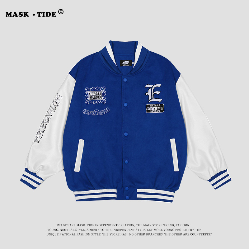 MASKTIDE2021秋冬国潮PU皮袖棒球服男女街头潮流加厚毛呢夹克外套