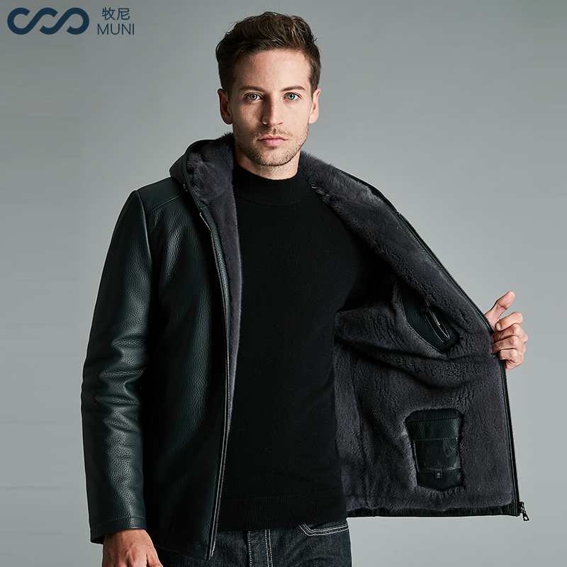 牧尼新西兰进口鹿皮皮衣男真皮连帽水貂内胆皮毛一体轻奢外套冬季