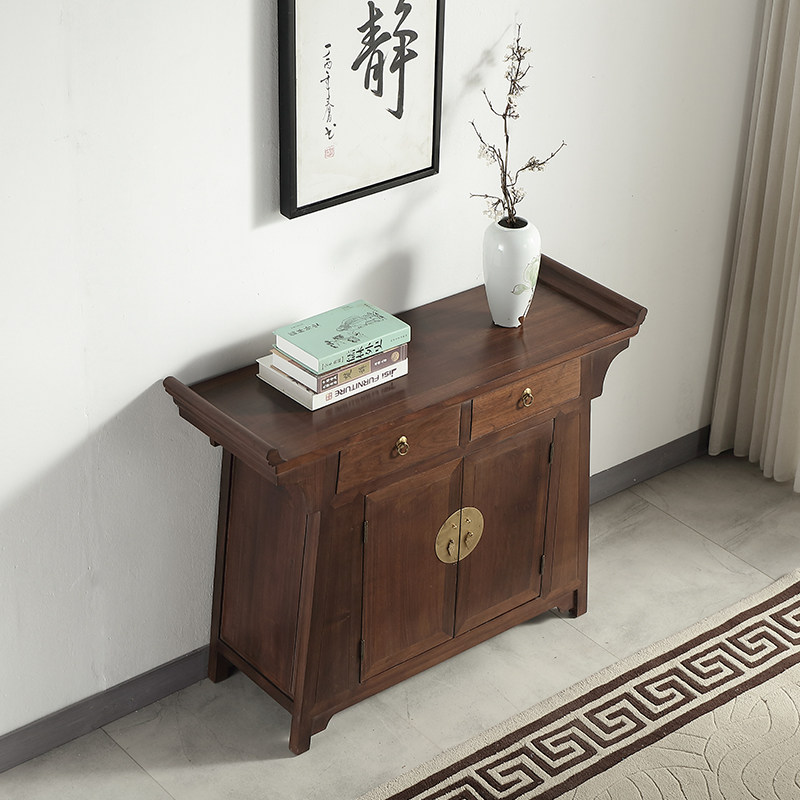 新中式黑胡桃玄关柜门厅老榆木翘头柜禅意实木家具两门餐边柜鞋柜
