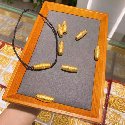 3d硬金黄金天珠项链吊坠999足金纹路转运珠男女桶珠纯金佛珠串珠