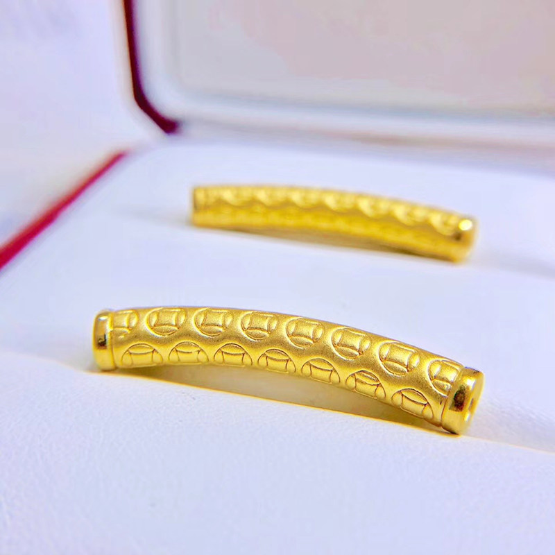 足金钱币弯管手串3d硬金黄金手链女款红绳手饰