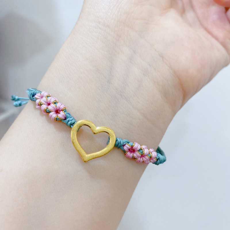 3d硬金黄金爱心手链足金心形本命手绳纯金手饰