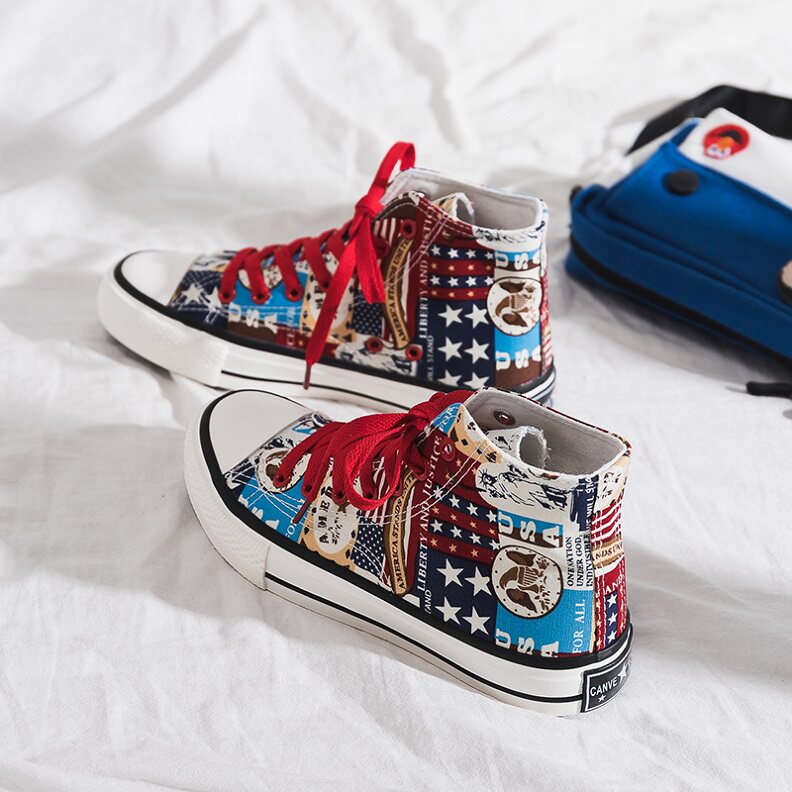 高帮帆布鞋女复古港味韩版ulzzang潮鞋ins2019秋冬季涂鸦手绘板鞋