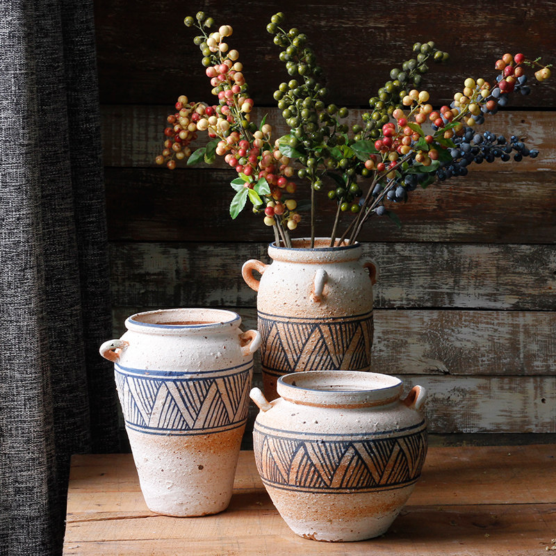 纯手工粗陶花器 手绘土陶花瓶工艺品