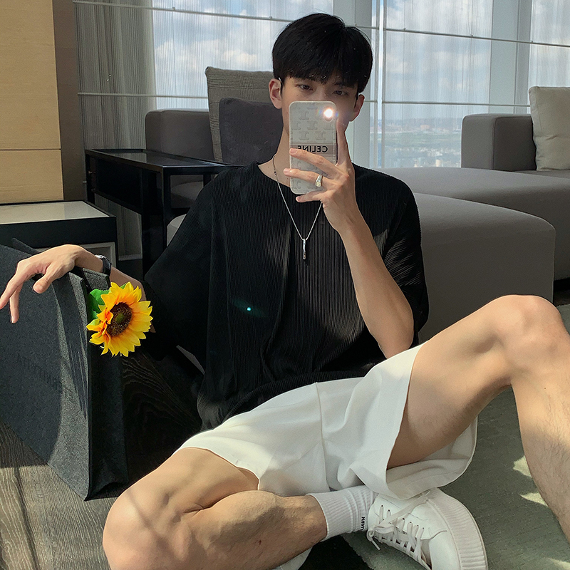 Hualun冰丝T恤短袖男夏季薄款透气V领时尚潮牌男生2021年白色体恤