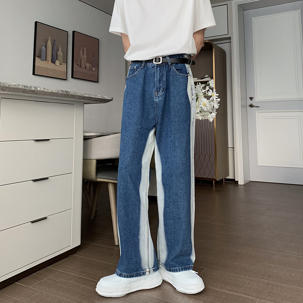 Hualun夏季复古牛仔裤男2022新款宽松高街vibe裤蓝色潮男拼色裤子