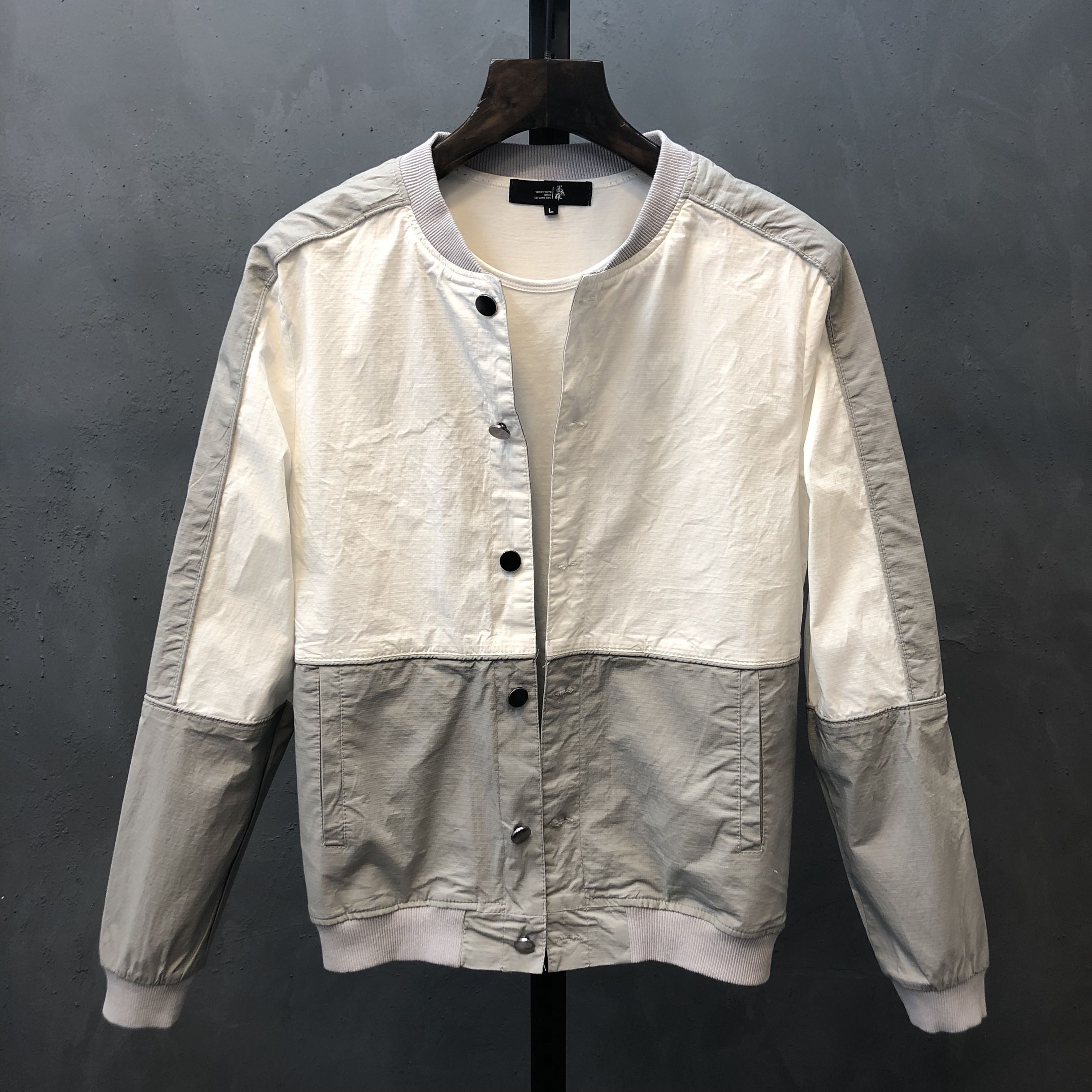 2022春秋新款男士外套韩版修身圆领拼色条纹潮流休闲上衣男装夹克