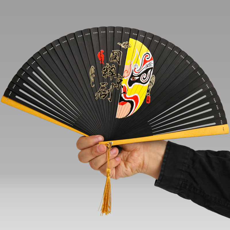 中国国风全竹扇子古典京剧脸谱黑色复古古风男女扇子