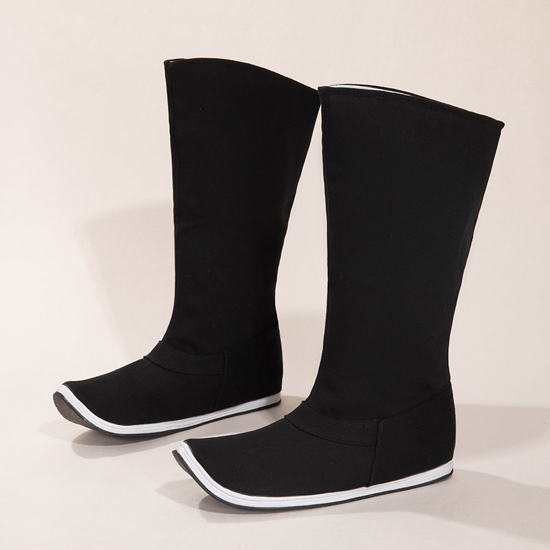 秋冬款汉鞋子高筒长靴黑色单靴古风布靴翘头男时装靴