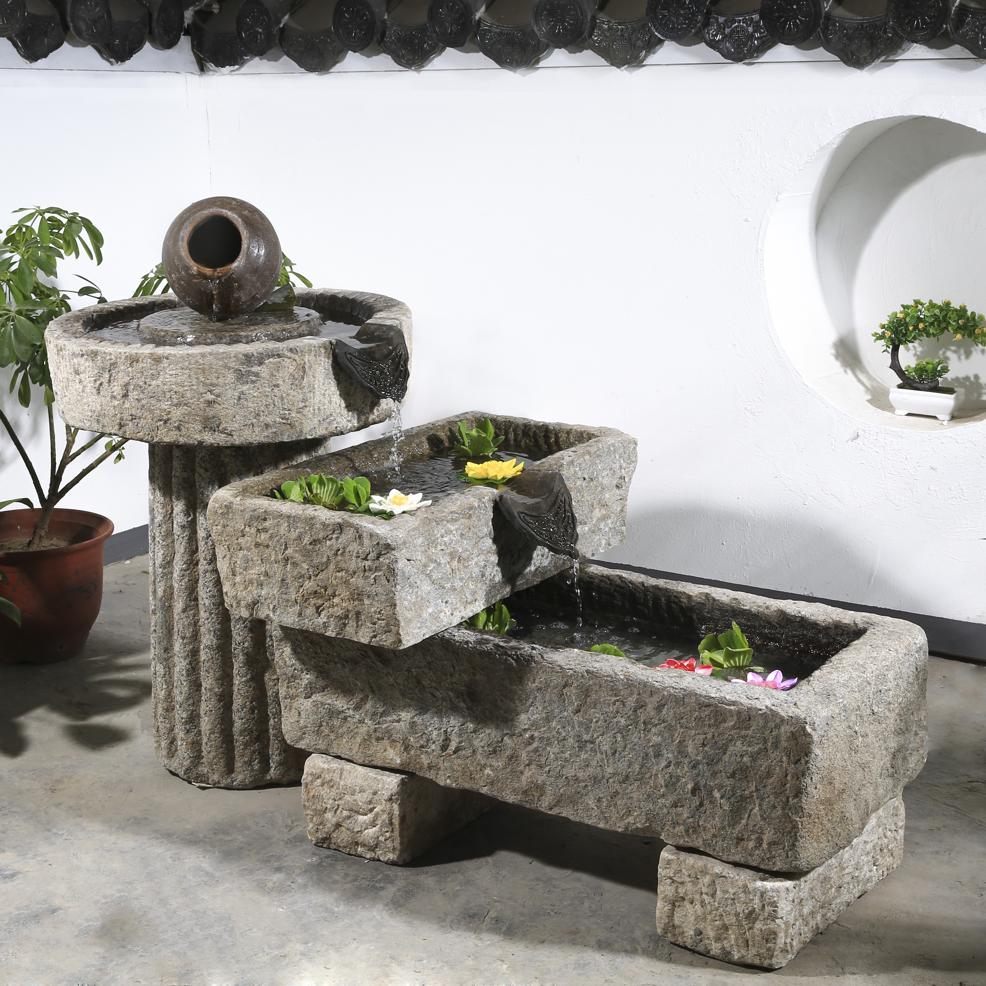 老石流水摆件石磨水景石头鱼缸养鱼阳台造景石雕