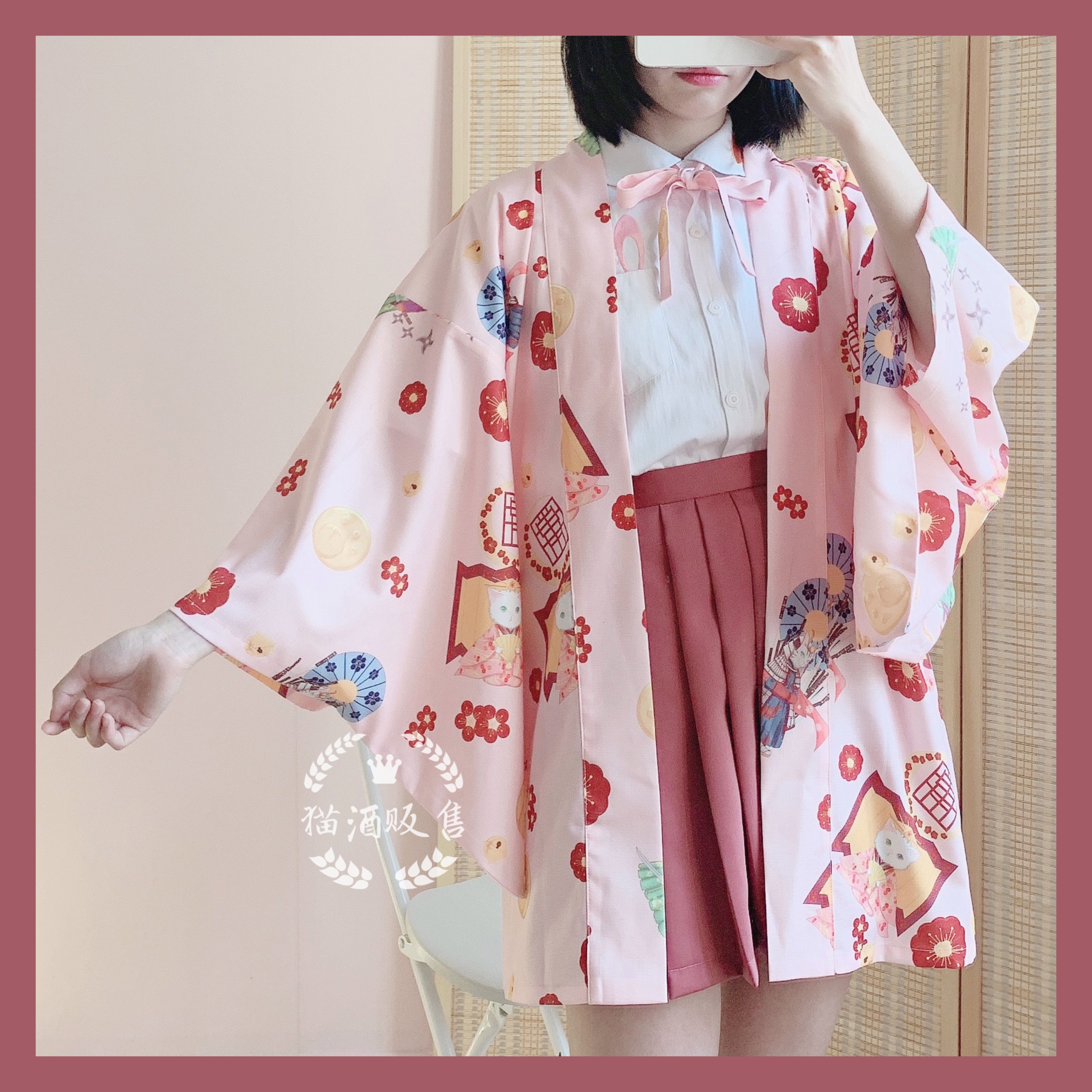 原创设计武士猫和风印花浴衣羽织jk制服外套连衣裙