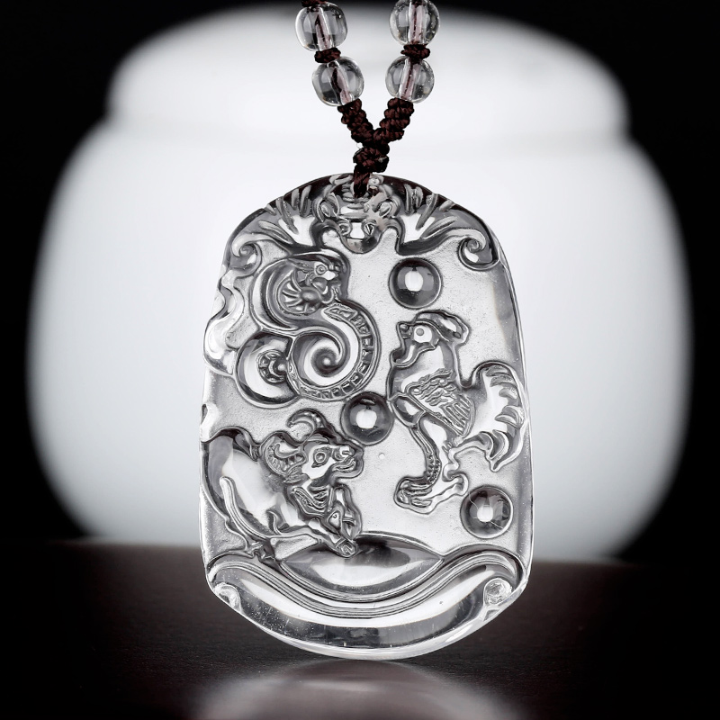 天然白水晶生肖蛇鸡牛三合吊坠丑巳酉三合赐瑞男女款牛鸡迎禄项链