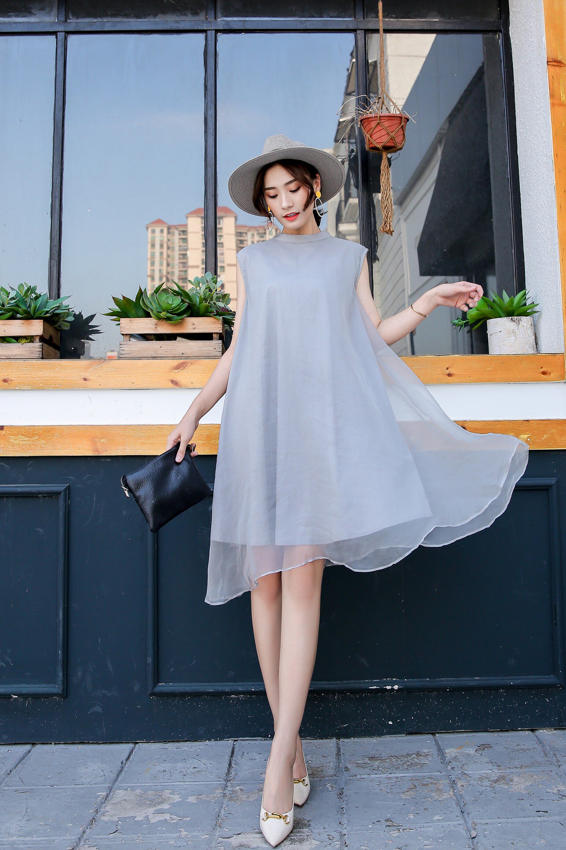 女装2019新款显瘦欧根纱无袖宽松a型抖音真丝连衣裙清仓特价甩卖 - hs