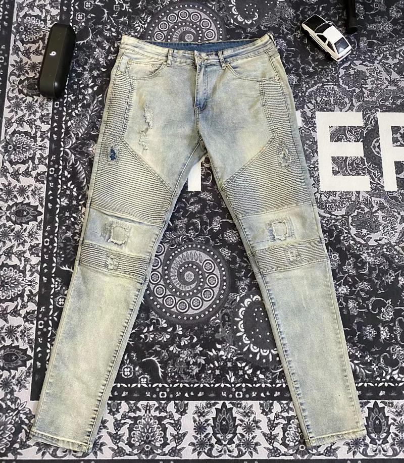 20SS 经典高街MASIWEI同款牛仔长裤螺纹破坏Rapper修身牛仔裤