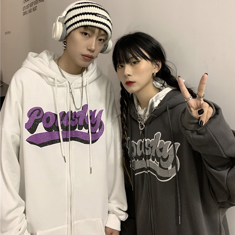 ins美式复古嘻哈字母印花拉链开衫连帽卫衣男 宽松情侣装外套秋季