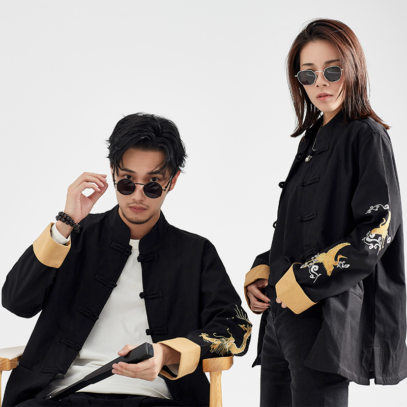 有鲤中国风男装中式复古男士立领休闲盘扣刺绣中山装外套唐装男