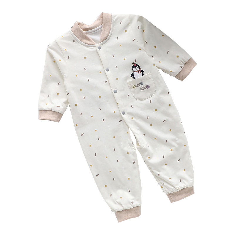 偶园婴儿立领长袖纯棉连体衣春秋季男女宝宝双层夹里开档哈衣春装