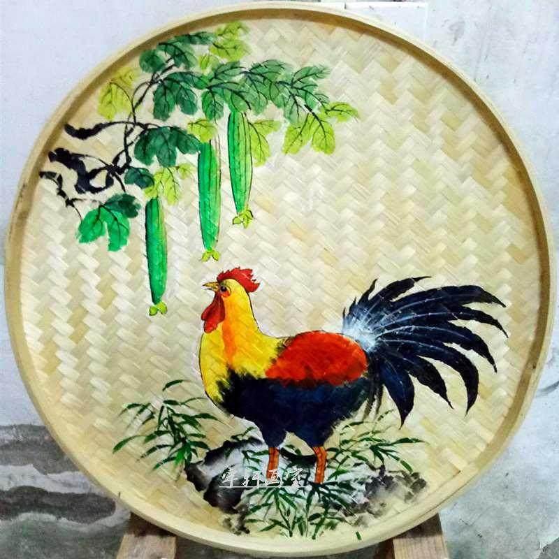 孔雀挂件竹编装饰竹筛乐墙手绘簸箕复古农家壁饰