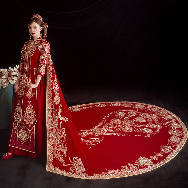 秀禾服披风2021新款中式新娘服大拖尾结婚长披肩古装婚纱凤冠霞帔