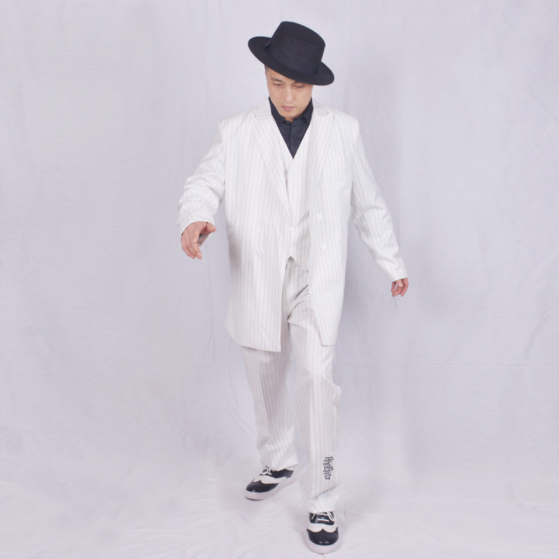 条纹popping西装外套衣服locking演出服西服街舞表演西服套装