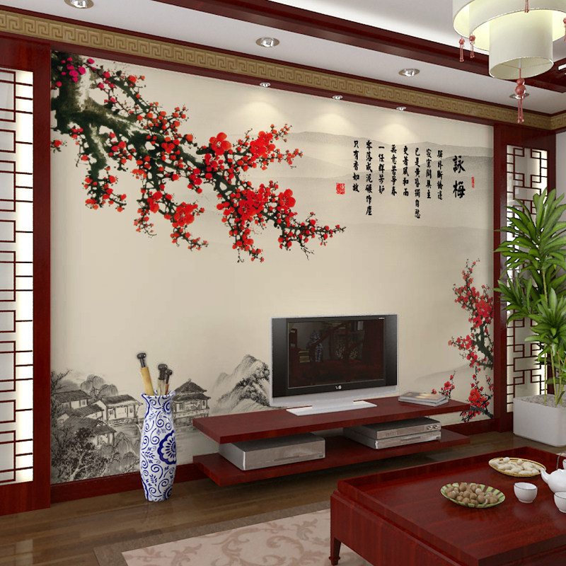 8d电视背景墙壁纸客厅梅花现代中式墙布壁画中国风大气古典影视墙