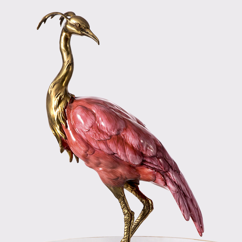 陶瓷凤凰美居欧式红鹤摆件配铜家居奢华客厅书房摆件