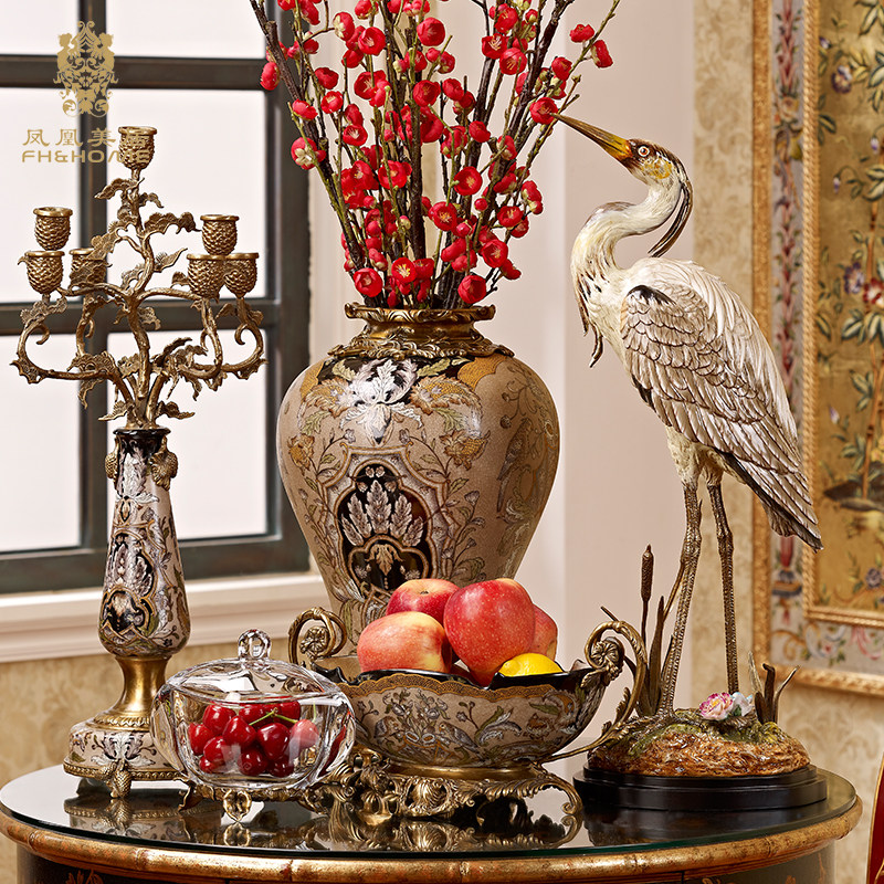 摆件凤凰美居复古欧式铜配精品奢华陶瓷仙鹤家居摆件