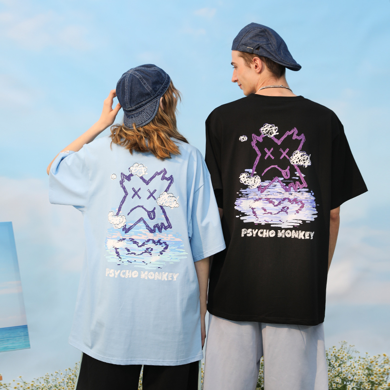 PCMY潮牌夏季海面叉叉人街头风涂鸦bf短袖男女情侣T恤ins宽松休闲