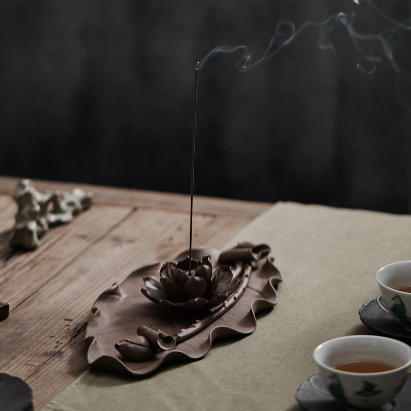 玩物志 禅意手捏粗陶莲花香器香插香台 佛教镇纸香托座盘泥捏摆件