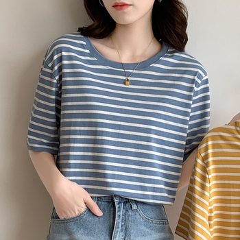 Retro Striped Short Sleeve Outing Breastfeeding Cotton T-Shirt Summer 2024 New Round Neck Postpartum Nursing Top trendy